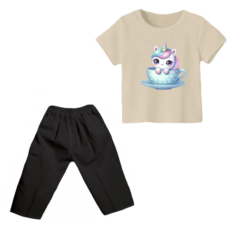 ست تی شرت و شلوارک دخترانه مدل یونیکورن کد 32
