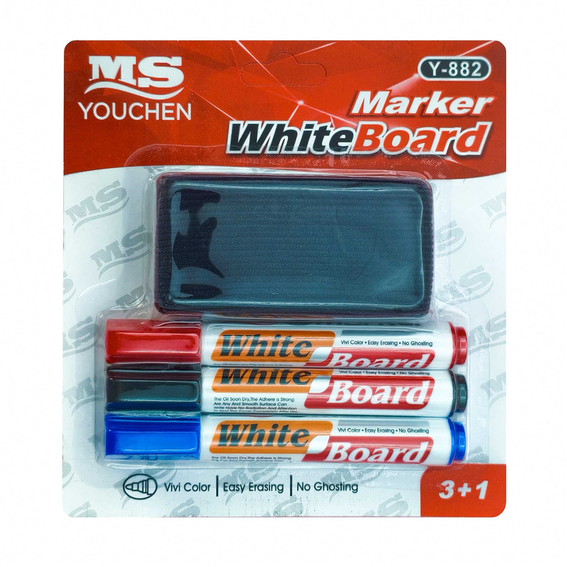 ماژیک وایت برد مدل رنگی به همراه تخته پاک کن بسته 4 عددی