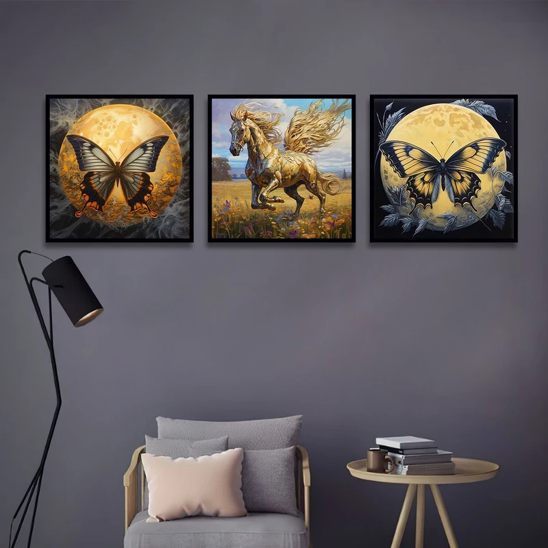 تابلو بکلیت طرح اسب و پروانه طلایی مدل شاین اکلیلی B-1225 مجموعه 3 عددی