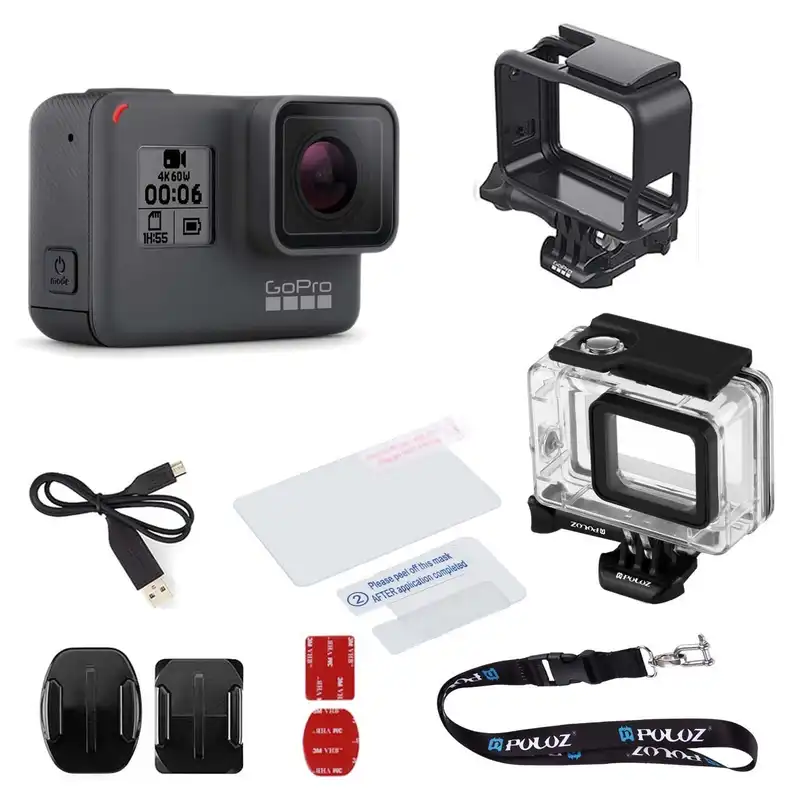 مجموعه دوربین فیلم برداری ورزشی گوپرو مدل HERO6 Black همراه با قاب ضد آب و بند آویز پلوز