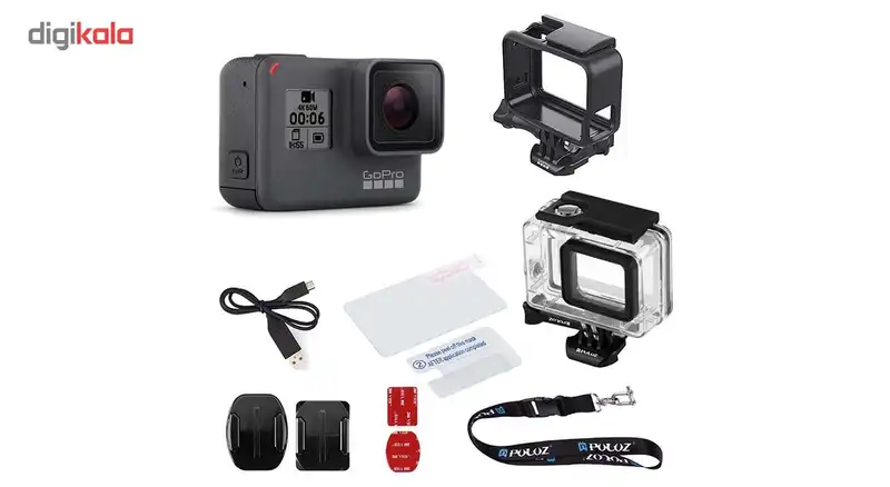 مجموعه دوربین فیلم برداری ورزشی گوپرو مدل HERO6 Black همراه با قاب ضد آب و بند آویز پلوز