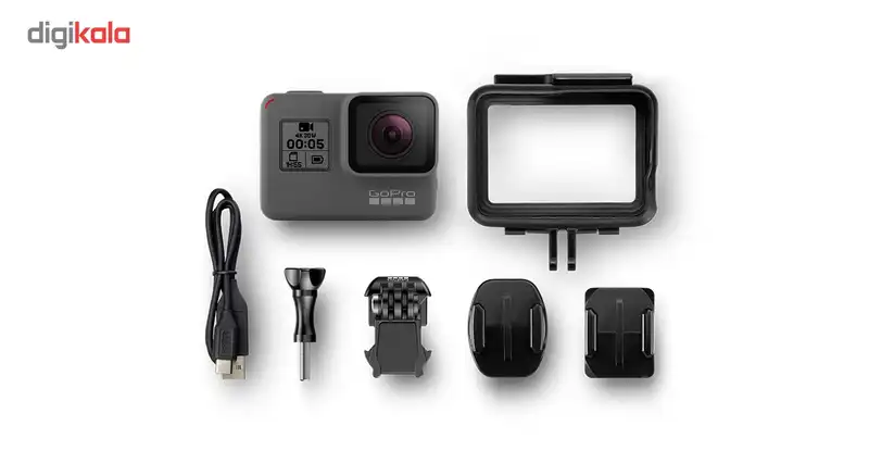 مجموعه دوربین فیلم برداری ورزشی گوپرو مدل HERO6 Black همراه با قاب ضد آب و بند آویز پلوز