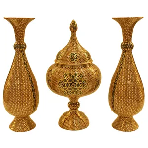 شکلات خوری و گلدان خاتم زمینه مس مدل 371823 مجموعه سه عددی