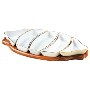 اردوخوری لیمون چینی طرح خط طلا مدل پایه چوبی