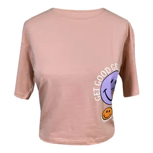 کراپ تاپ زنانه مدل   استیکر لبخند کد 1557 رنگ صورتی