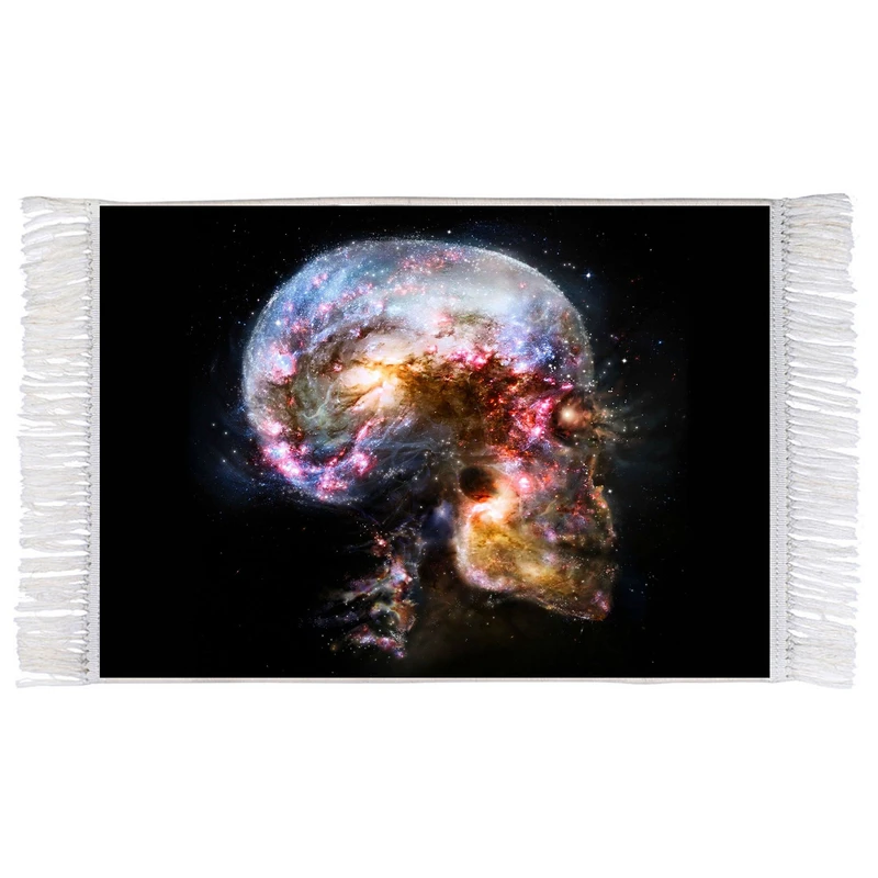 فرش ماشینی دیوارکوب اطلس آبی مدل کهکشان و جمجمه انسان مدل T1213