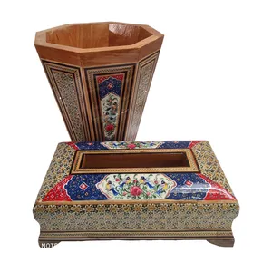 سطل و جعبه دستمال کاغذی خاتم کاری مدل گل و مرغ