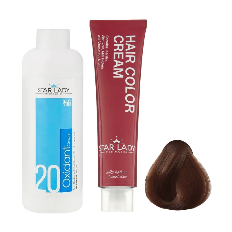 رنگ مو استارلیدی شماره 6.65 حجم 120 میلی لیتر رنگ بلوند شکلاتی تیره به همراه اکسیدان استارلیدی مدل 20 شش درصدی حجم 180 میلی لیتر