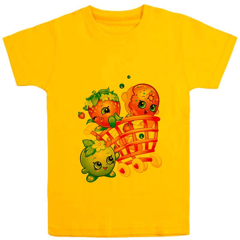 تی شرت آستین کوتاه دخترانه مدل چرخ خرید و میوه D127 رنگ زرد