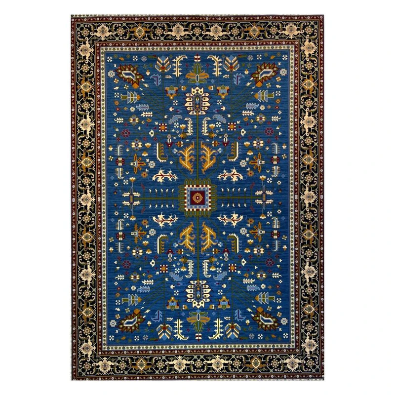 فرش ماشینی 700 شانه زمینه آبی حاشیه سرمه ای مدل آکرولیک قشقایی کد 125