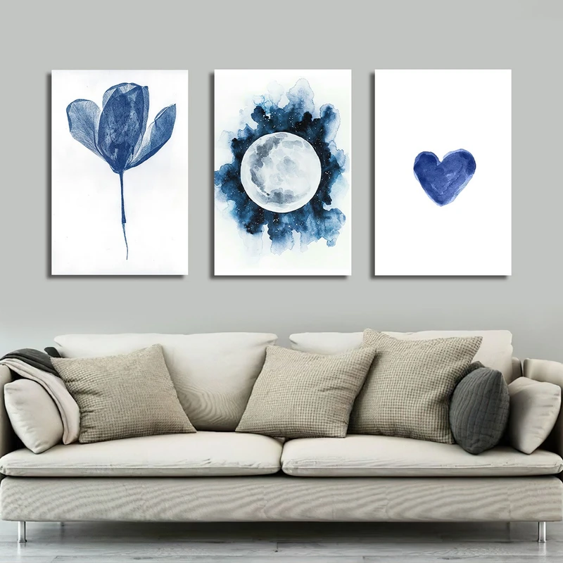 تابلو شاسی بکلیت طرح نقاشی مینیمال گل و ماه مدل SH-3030 مجموعه 3 عددی