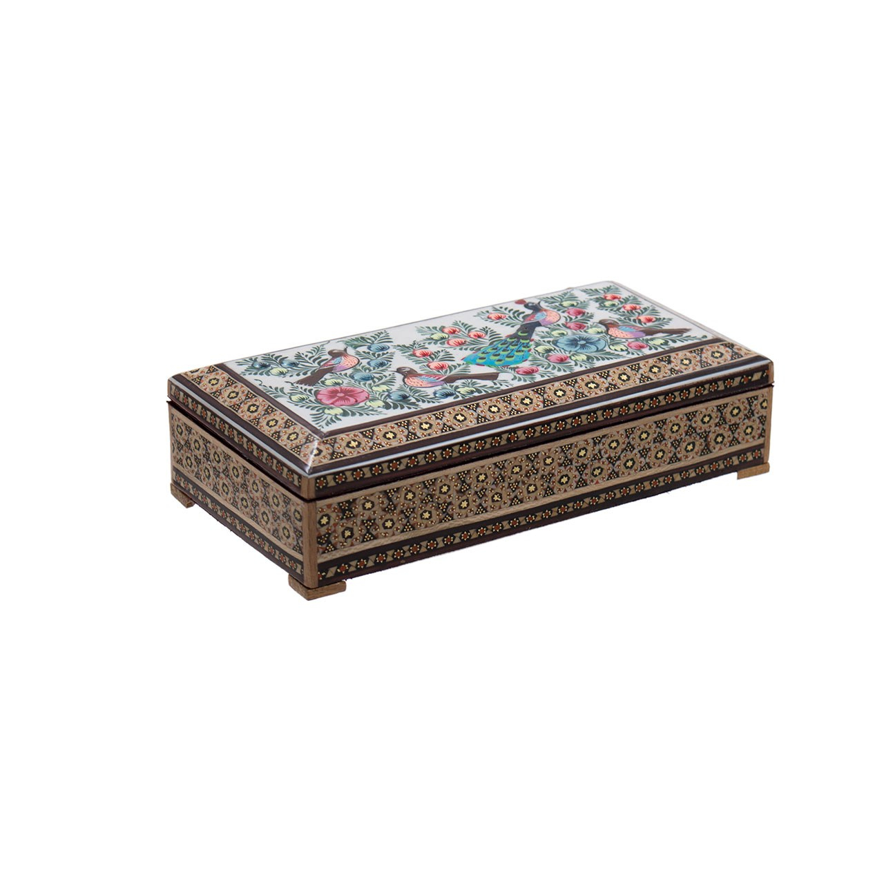 جعبه جواهر خاتم کاری رستا طرح 13-16-101 با نقاشی گل و مرغ