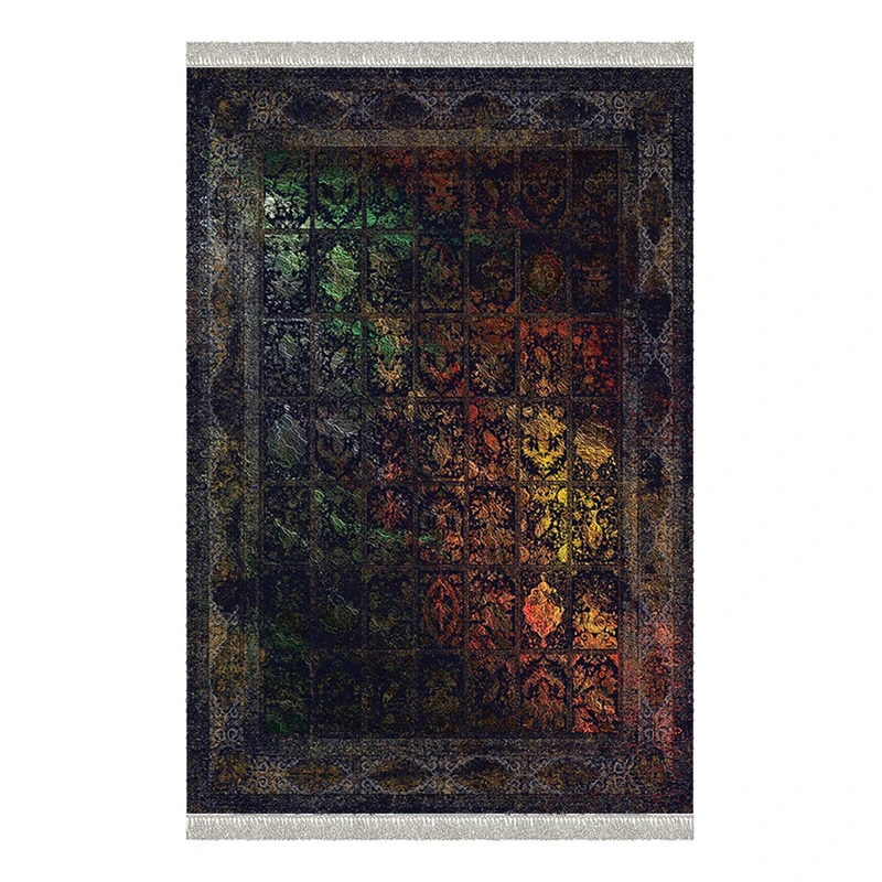 فرش ماشینی 1000 شانه هانوکس زمینه سرمه‌ای حاشیه چند رنگ مدل مدرن کد L113