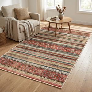 فرش ماشینی 1000 شانه اورکوم زمینه کرم حاشیه قرمز طرح مینیمال تمنا کد OR.1124.03