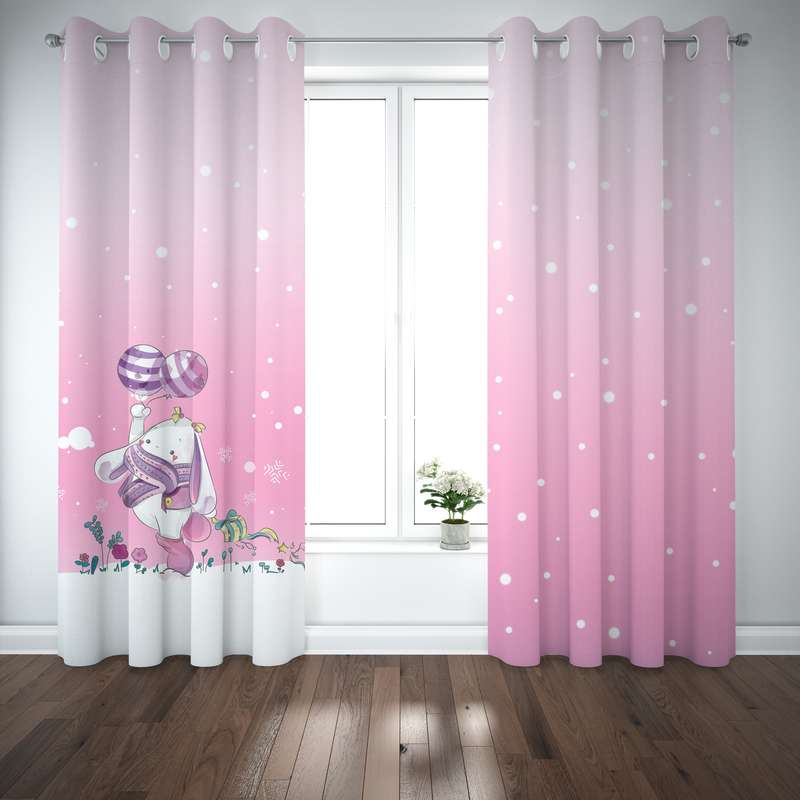 پرده مدل اتاق کودک طرح دخترانه خرگوش پرنده کهشانی سایز 140x280 سانتی متر