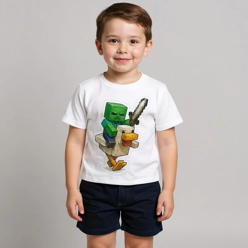 تی‌شرت آستین کوتاه پسرانه مدل ماینکرفت و ادرک W236 رنگ سفید