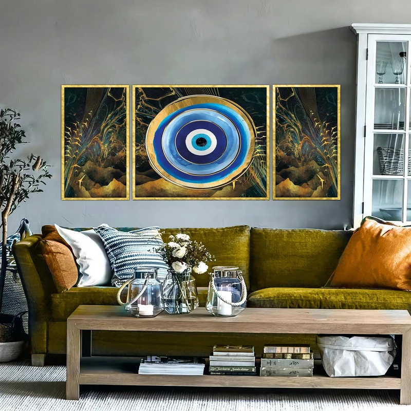 تابلو ساده بکلیت طرح مدرن دیجیتال آرت مدل شاین اکلیلی T-2913 فریم طلایی مجموعه 3 عددی