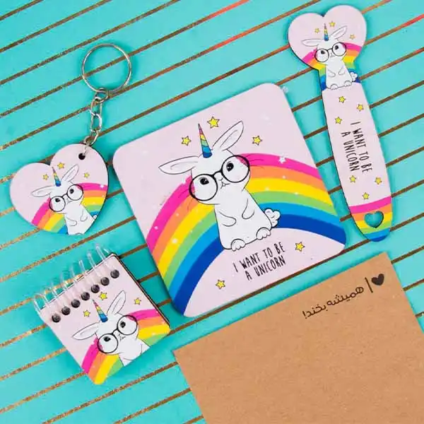 بسته لوازم تحریر مدل خرگوش و رنگین کمان بسته 4 عددی