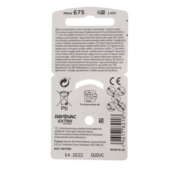 باتری سمعک ریوواک مدل 675 بسته 6 عددی