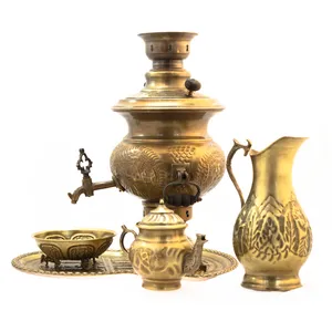 سرویس سماور ذغالی 5 پارچه برنجی مدل قلم کاری کد 3284