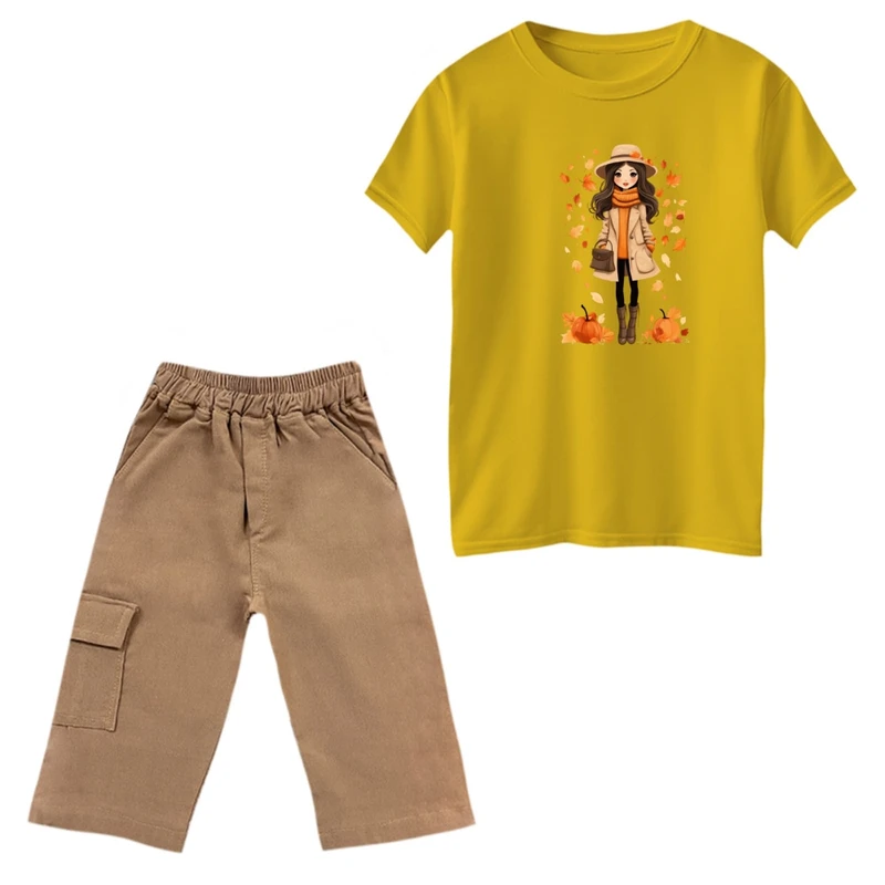 ست تی‌شرت و شلوارک دخترانه مدل دختر پاییزی کد 2 رنگ زرد