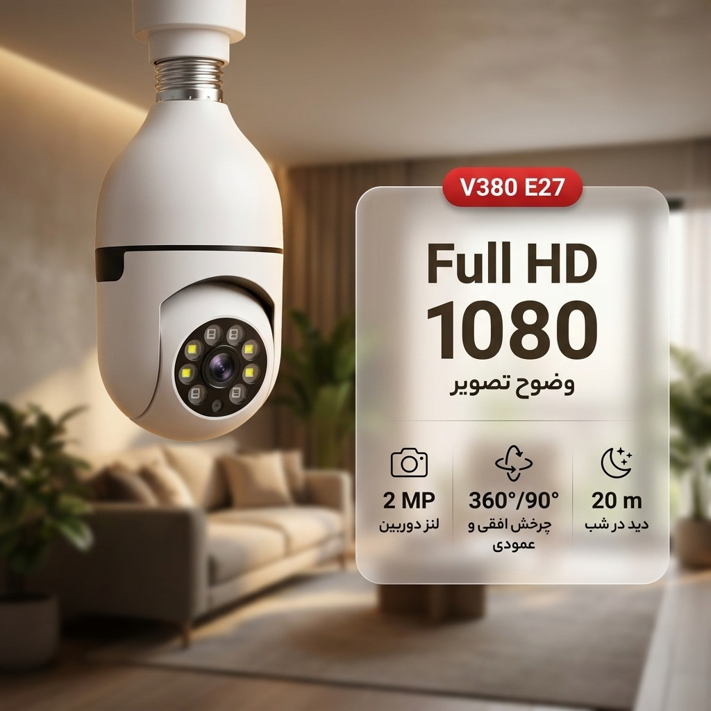 دوربین مداربسته تحت شبکه فضای بسته مدل V380 E27 بی‌سیم با لنز 2 مگاپیکسل، وضوح Full HD 1080، چرخش 360 درجه افقی و 90 درجه عمودی، دید در شب 20 متر و نصب آسان با سرپیچ لامپ برق شهری