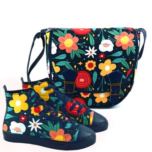 ست کیف و کفش زنانه مدل ساقدار طرح گلی