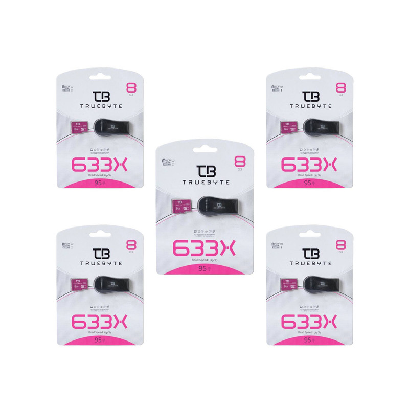کارت حافظه microSD HC تروبایت مدل 633X کلاس 10 استاندارد UHS-I U1 سرعت 95MBps ظرفیت 8 گیگابایت به همراه کارت خوان بسته 5 عددی