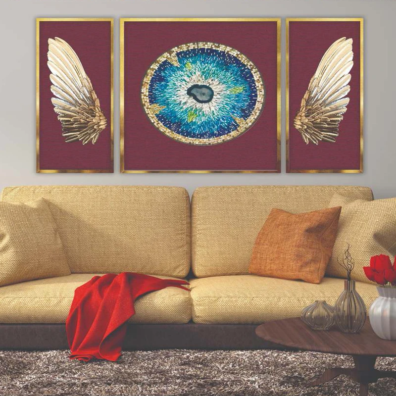 تابلو بکلیت طرح مدرن دیجیتال آرت مدل T-2093 فریم طلایی مجموعه 3 عددی