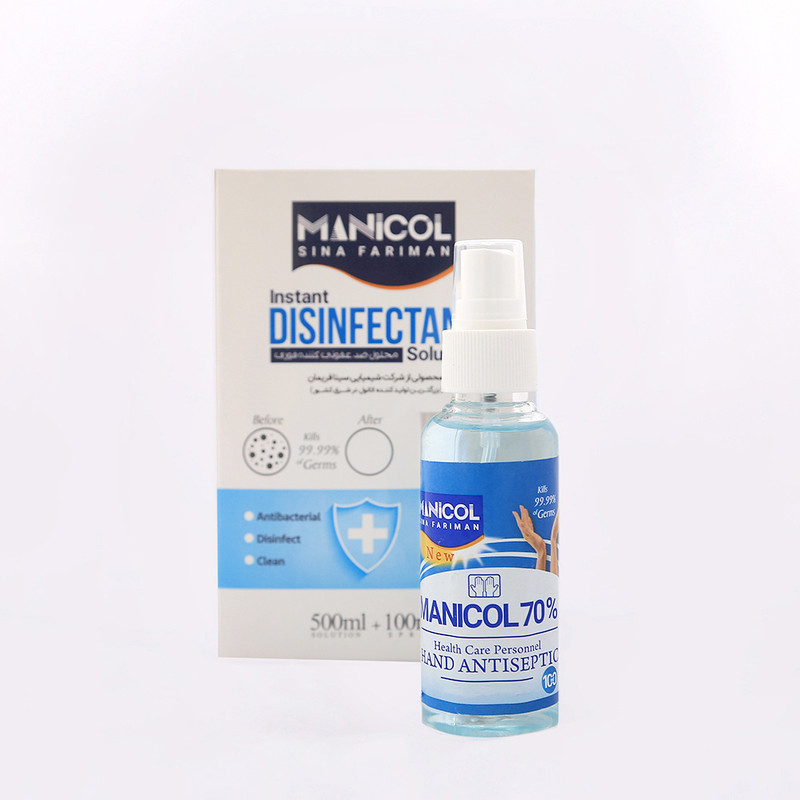 محلول ضد عفونی کننده دست مانیکل کد 001 حجم 500 میلی لیتر به همراه اسپری ضد عفونی کننده حجم 100 میلی لیتر