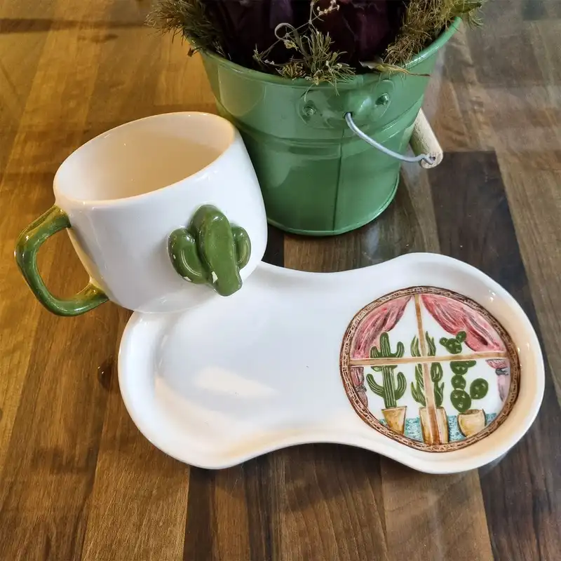 ست ماگ و زیرلیوانی سرامیکی مدل کاکتوس برجسته