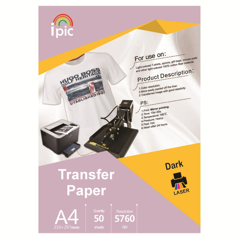 کاغذ چاپ لیزر آی پیک مدل چاپ تیشرت تیره A4 بسته 50 عددی