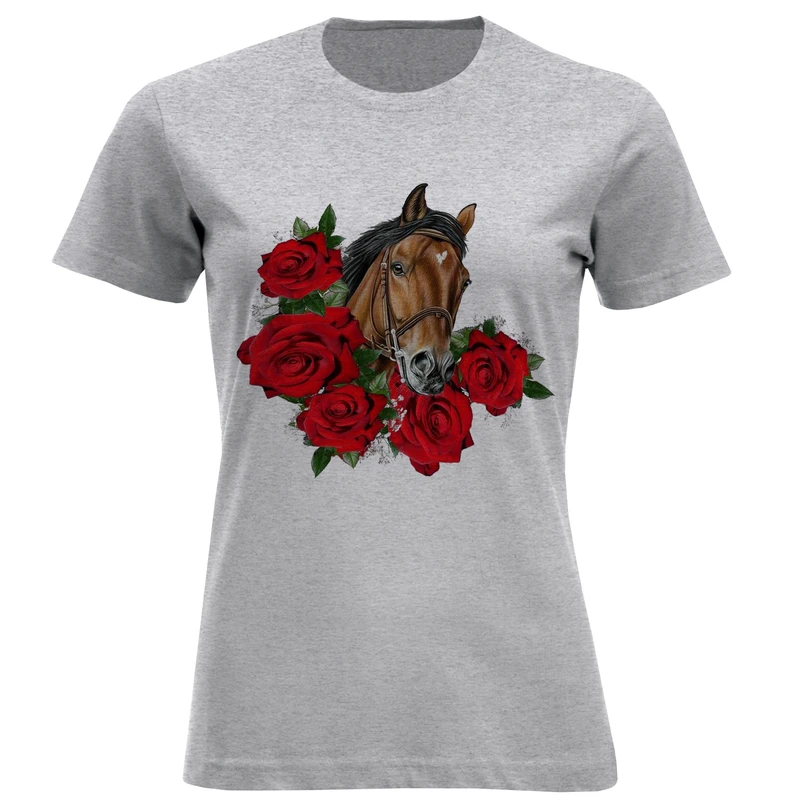 تی شرت آستین کوتاه زنانه مدل اسب و گل ها F1399