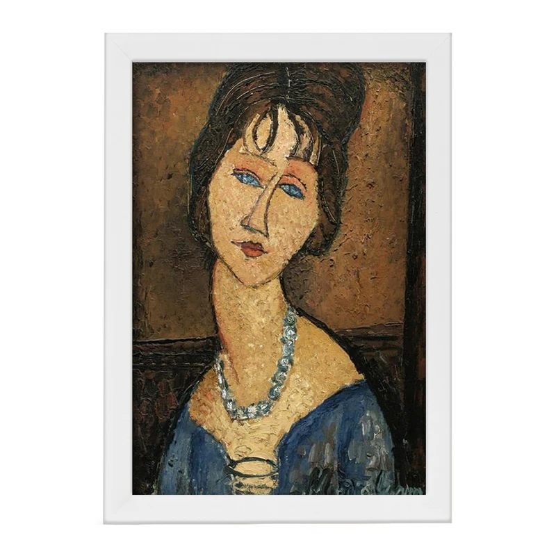 تابلو خندالو مدل نقاشی جین هبوترن با گردنبند اثر آمادئو مودیلیانی کد F12465