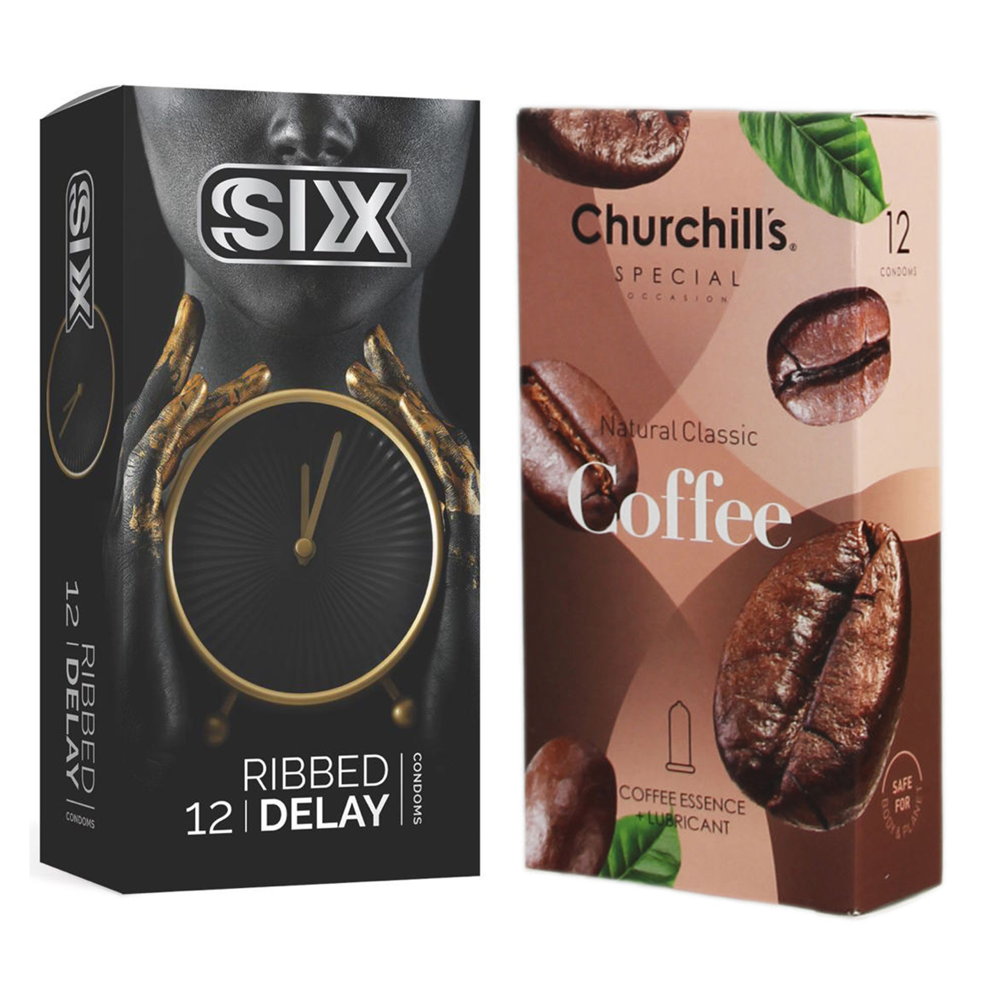 کاندوم چرچیلز مدل Coffee بسته 12 عددی به همراه کاندوم سیکس مدل تاخیری شیاردار بسته 12 عددی