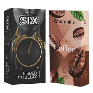کاندوم چرچیلز مدل Coffee بسته 12 عددی به همراه کاندوم سیکس مدل تاخیری شیاردار بسته 12 عددی