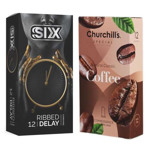 کاندوم چرچیلز مدل Coffee بسته 12 عددی به همراه کاندوم سیکس مدل تاخیری شیاردار بسته 12 عددی