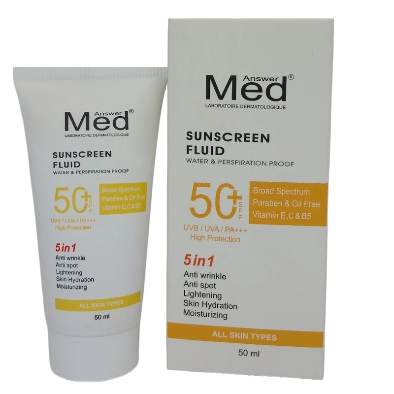 کرم ضد آفتاب و ضد چروک و لک بدون رنگ مدانسر SPF50 مدل 5 در1 محافظ UVA ،UVB و PA+++ مناسب برای انواع پوست حجم 50 میلی لیتر