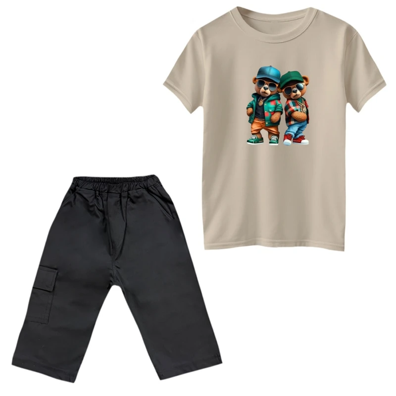 ست تی‌شرت و شلوارک پسرانه مدل تدی پوش رنگ کرم 