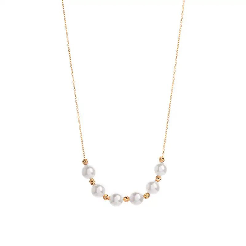 گردنبند طلا 18 عیار زنانه با طرح حلقه‌ای (فلامینگو) گالری قو طلایی مدل شش مروارید و البرنادو