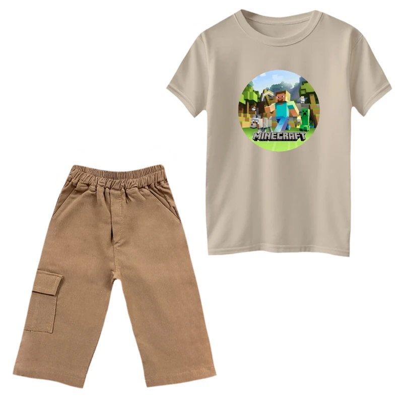 ست تی‌شرت و شلوارک پسرانه مدل ماینکرفت کد 3 رنگ کرم