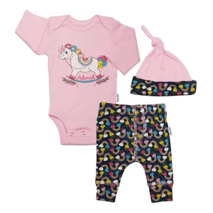 ست 3 تکه لباس نوزادی آدمک طرح پونی کد 01 رنگ صورتی