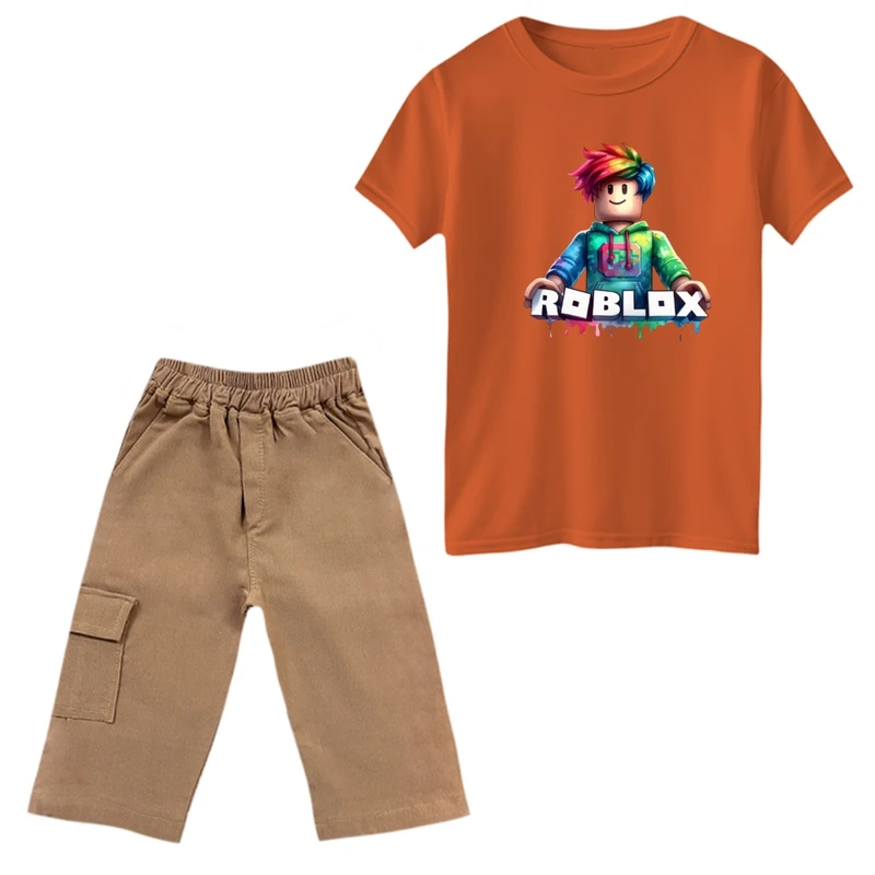 ست تی‌شرت و شلوارک پسرانه مدل روبلاکس کد 17 رنگ نارنجی