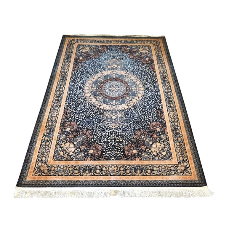 فرش ماشینی 1200 شانه زمینه آبی حاشیه کاربنی مدل ترنج