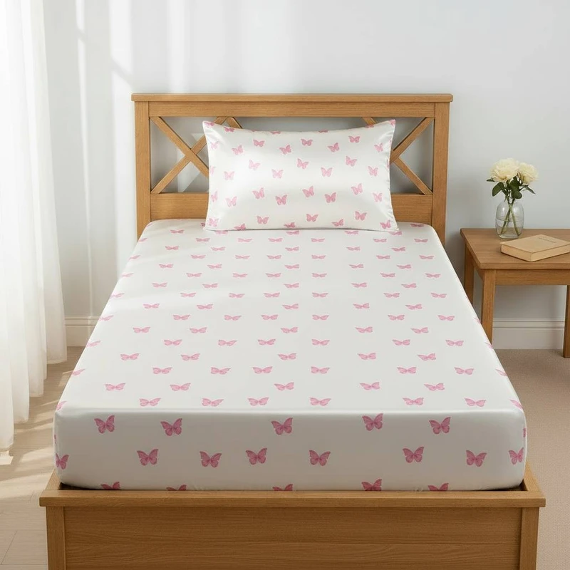 سرویس ملحفه 1 نفر 2 تکه مدل ساتن ابریشم دورکشدار به همراه روبالشی طرح پروانه