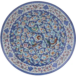 بشقاب مسی میناکاری شده اثر اسماعیلی طرح گل و مرغ برجسته قطر 25 سانتی متر