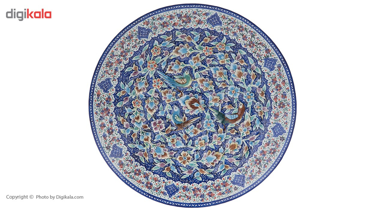 بشقاب مسی میناکاری شده اثر اسماعیلی طرح گل و مرغ برجسته قطر 25 سانتی متر