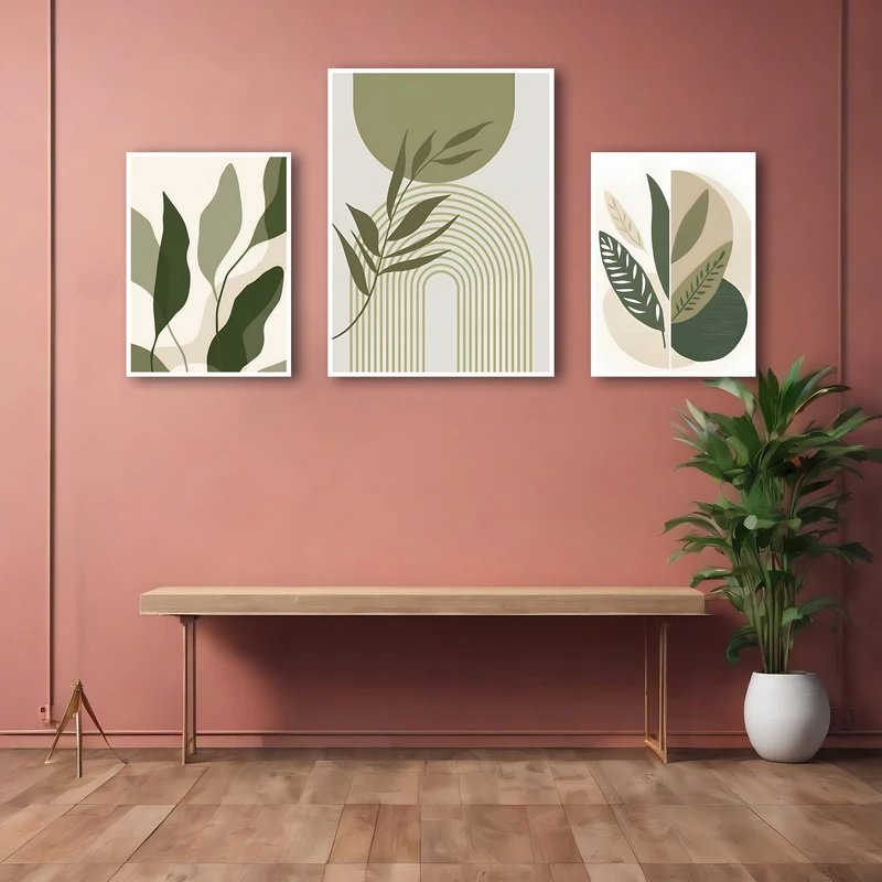 تابلو بکلیت طرح دکوراتیو برگ و مینیمال مدل W-MR-1111 فریم سفید مجموعه ۳ عددی
