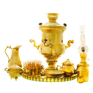 سرویس سماور ذغالی 14 پارچه برنجی مدل استوانه ای کد 4202