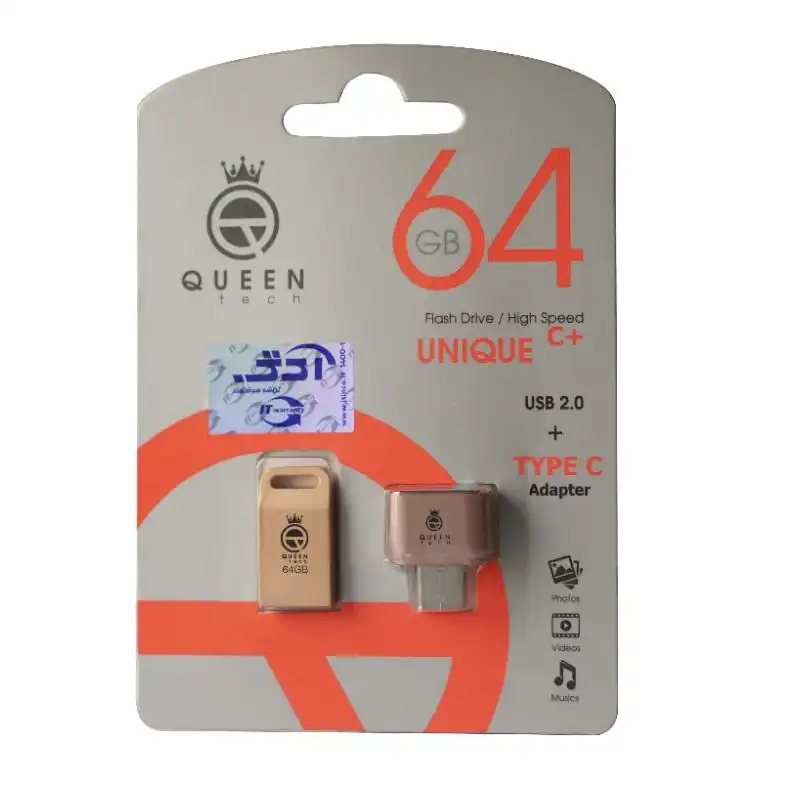 فلش مموری کوئین تک مدل UNIQUE C-PLUS ظرفیت 64 گیگابایت به همراه مبدل USB-C OTG